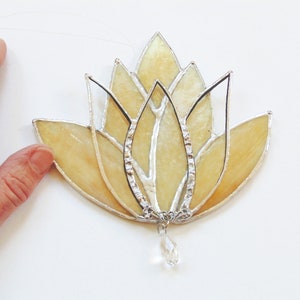 Stained glass lotus flower suncatcher, yellow golden iridescent, 8 petal boho window decoration image 5