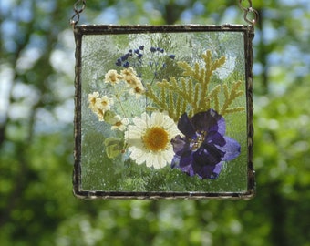 Pressed flowers framed under stained glass, real dried flower art, gift for her