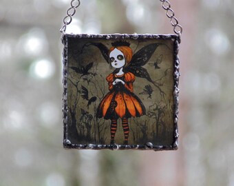 Gothic Autumn Fairy Hanging Ornament, Stained Glass Mini Wall Art