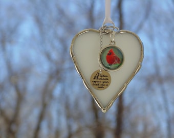 When cardinals appear your loved one is near, stained glass mini heart suncatcher, sympathy condolence gift