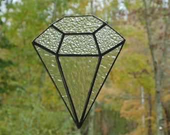 Large diamond suncatcher, clear textured stained glass, geometric art window home decoration