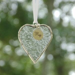 Hugs, small stained glass heart suncatcher ornament, thinking of you gift