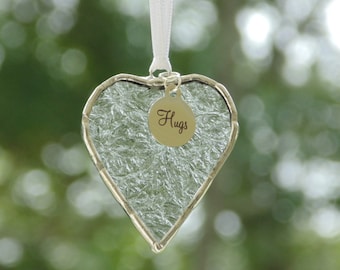 Hugs, small stained glass heart suncatcher ornament, thinking of you gift