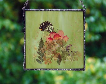 Pressed flowers with butterfly, stained glass botanical art, wall hanging