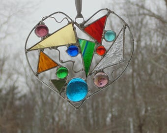 Funky heart suncatcher, stained glass colorful abstract heart