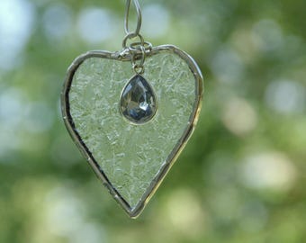 March aquamarine birthstone ornament, stained glass heart suncatcher