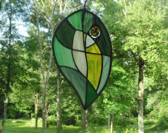Stained glass abstract Autumn leaf, large window hanging suncatcher