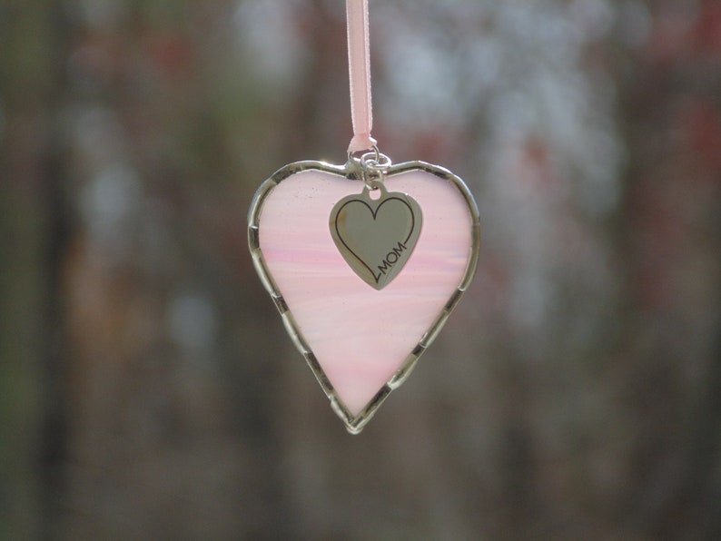 I Love Mom, pink stained glass suncatcher, mini heart ornament, Mom birthday gift image 7