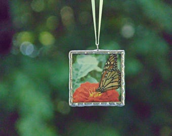 Monarch butterfly & Zinnia flower framed in stained glass, small space art