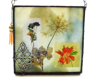 Mixed media mini wall art, stained glass pressed flowers