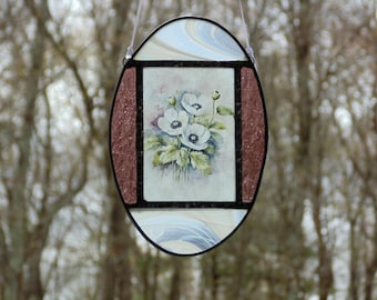 White Poppy Photograph in Stained Glass Frame, Mixed‑Media Floral Wall Art
