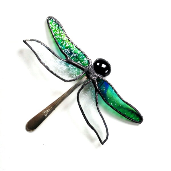Dragonfly suncatcher, spoon dragonfly, stained glass dragonfly window art, blue green, unique suncatcher, Summer home decor