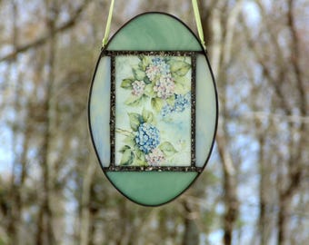 Stained glass hydrangea photo ornament, floral suncatcher gift