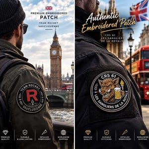 May include: Two circular embroidered patches on jackets. The left patch is black with a red R, text reading TEAM ROCKET VAUCLUSIENNE, and a small French flag. The right patch is black with a boar holding a beer mug, text CRS 61 LES SANGLIERS DE LA ROYALE.