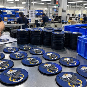 May include: A collection of circular blue patches featuring a gray eagle with wings spread, a white parachute, a yellow ring, and five white stars. The patches are arranged in stacks and rows on a metal workbench in a manufacturing facility.