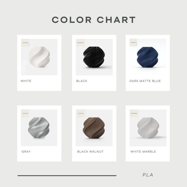 May include: Color chart showing different colors of PLA filament for 3D printing. The colors include white, black, dark matte blue, gray, black walnut, and white marble.