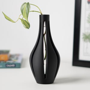 May include: A black ceramic vase with a unique, open design. The vase has a narrow neck and a wide, rounded base. It is perfect for displaying a single stem or a small bouquet of flowers.