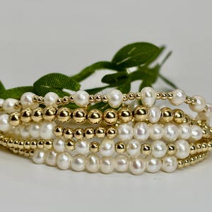 14K Gold-Filled Pearl Bracelet Set: Stackable Tarnish-Free Beaded Bracelets
