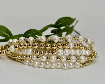 14K Gold Filled Freshwater Pearl Bracelet – Not Plated | 4.5mm Pearl | 2mm 2.5mm 4mm Beads | Stretch Stackable | Dainty | Single Bracelet