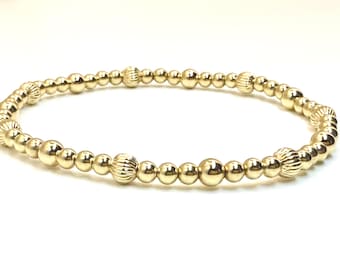 14K Gold Filled Bead Bracelet – Not Plated | 4mm 2.5mm | Stretch Stackable | Tarnish Resistant | Dainty | Single Bracelet