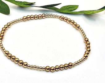 14K Gold Filled Bead Bracelet – Not Plated | 3mm 2mm | Stretch Stackable | Tarnish Resistant | Dainty | Single Bracelet
