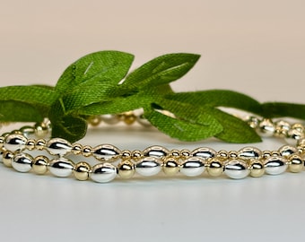 Two-Tone 14K Gold Filled & Sterling Silver Beads – Not Plated | 2mm 2.5mm 3mm 5mm | Stretch Stackable | Tarnish Resistant | Single Bracelet