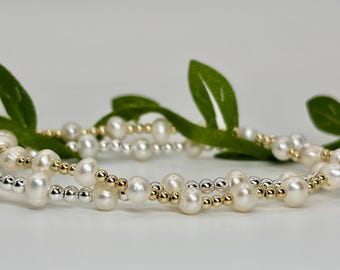 14K 2mm Gold-Filled - Not Plated |Sterling Silver | Pearl 4.5mm Dainty Beaded Stacking  Stretch | Single Bracelet | Tarnish Resistant
