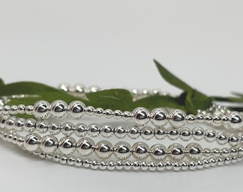 Sterling Silver Beaded Bracelets: 2mm • 2.5mm • 3mm • 4mm | Tarnish-Free | Stackable | Stretch | Dainty | Single Bracelet | Gifts for Her