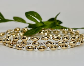 Two-Tone 14K Gold Filled & Sterling Silver Beads – Not Plated | 2mm 2.5mm 3mm 5mm | Stretch Stackable | Tarnish Resistant | Single Bracelet