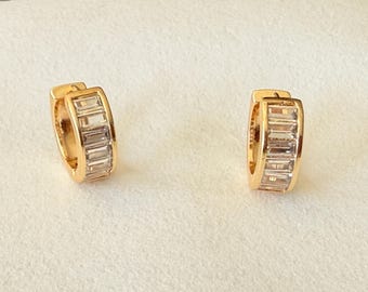 14k Gold Filled - Not Plated Reversible Hoop Earrings, CZ Baguette Hoops, 13mm Minimalist Hoops, Waterproof Tarnish Resistant Earrings