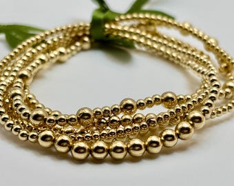 14K Gold Filled Perlenarmband - Nicht überzogen | 2mm 2,5mm 3mm 4mm | Stretch Stapelbar | Anlaufbeständig | Zierlich | Einzel Armband