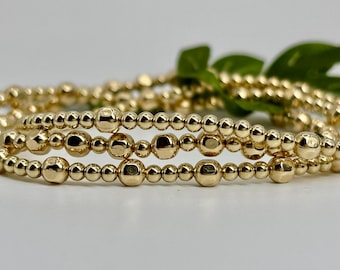 14K Gold Filled Bead Bracelet – Not Plated | 2.5mm 4mm | Stretch Stackable | Tarnish Resistant | Dainty | Single Bracelet
