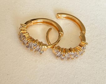 14k Gold Filled - NOT Plated  CZ Cluster Huggie Earrings, Vintage Inspired Huggies, Small Hoop Earrings, Waterproof Tarnish Resistant