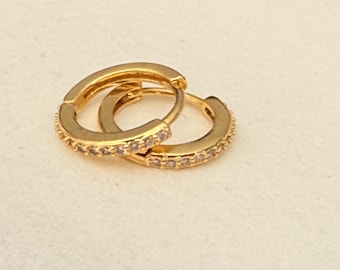 14k Gold Filled - NOT Plated Pavé Huggie Earrings, Sterling Silver CZ Huggies, 13mm Hoop Earrings, Waterproof Tarnish Resistant