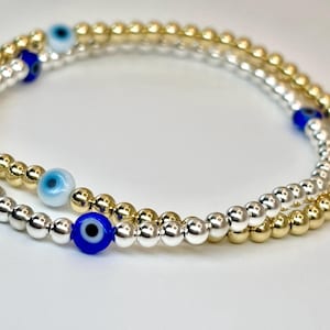 14k Gold Filled | Sterling Silver |  Evil Eye Glass Beads | Tarnish Free | Stretch Stackable Beaded Bracelets | Dainty | Gifts for Her