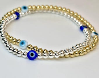 14k Gold Filled - Not Plated & Sterling Silver Evil Eye Beaded Bracelet | Tarnish Free | Single Bracelet