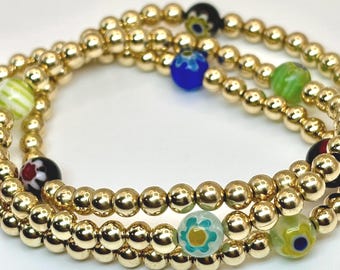 14k Gold Filled - Not Plated - 4mm Beaded Bracelet: Murano Glass Stretch Stackable | Single Bracelet