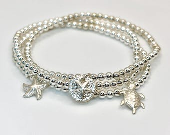 Sterling Silver Beaded Bracelet Set: Tarnish-Free | Stackable Stretch Bracelets | Single Bracelet | Gifts for Her