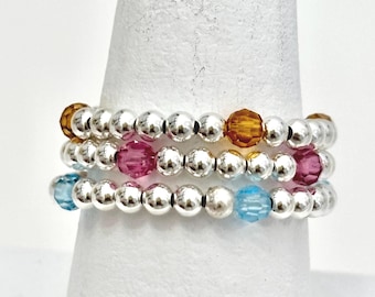 Sterling Silver Birthstone Ring: Swarovski Crystal Beaded Stackable Ring