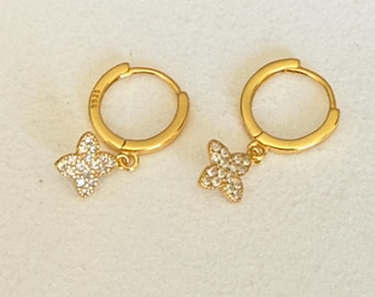 14k Gold Filled - NOT Plated  Flower Huggie Earrings, CZ Floral Drop Earrings, Dainty Huggie Hoops, Waterproof Tarnish Resistant