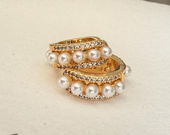 14k Gold Filled - NOT Plated Pearl Hoop Earrings, CZ Pavé Hoop Earrings, Chunky Pearl Hoops, Waterproof Tarnish Resistant