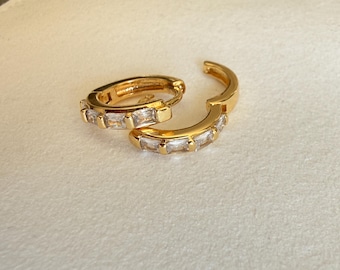 14k Gold Filled - NOT Plated  Baguette CZ Huggie Earrings, Pavé Huggie Hoops, 13mm Hoop Earrings, Waterproof Tarnish Resistant