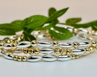 Two-Tone 14K Gold Filled & Sterling Silver Beads – Not Plated | 2.5mm 3mm 7mm | Stretch Stackable | Tarnish Resistant | Single Bracelet