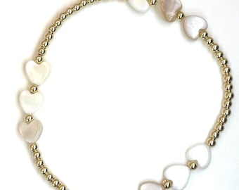 14k 2.5mm Gold Filled - not Plated |  7mm Pearl Heart Bracelet: Tarnish Free | Stackable Stretch Dainty | Single  Bracelet | Gifts for Her