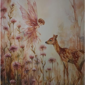 Fairy and Fawn Wall Art, Nature Decor, Magical Poster, Whimsical Home Accents, Fantasy Artwork, Enchanted Forest Print