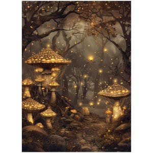 Mushroom Wall Art Glowing Forest Print, Enchanted Fairycore Decor, Botanical Fantasy Poster, Nature-Inspired Fine Art for Home