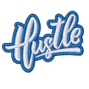 May include: White embroidered lettering that says "Hustle" on a blue background.
