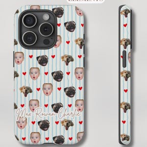 May include: A white and blue striped phone case featuring a pattern of baby faces, pug faces, golden retriever faces, and red hearts. The case also has the text "Max-Rowan-Charlie" in a cursive font. The top of the case has the text "CHOOSE FROM DIFFERENT PATTERNS AND ELEMENTS".
