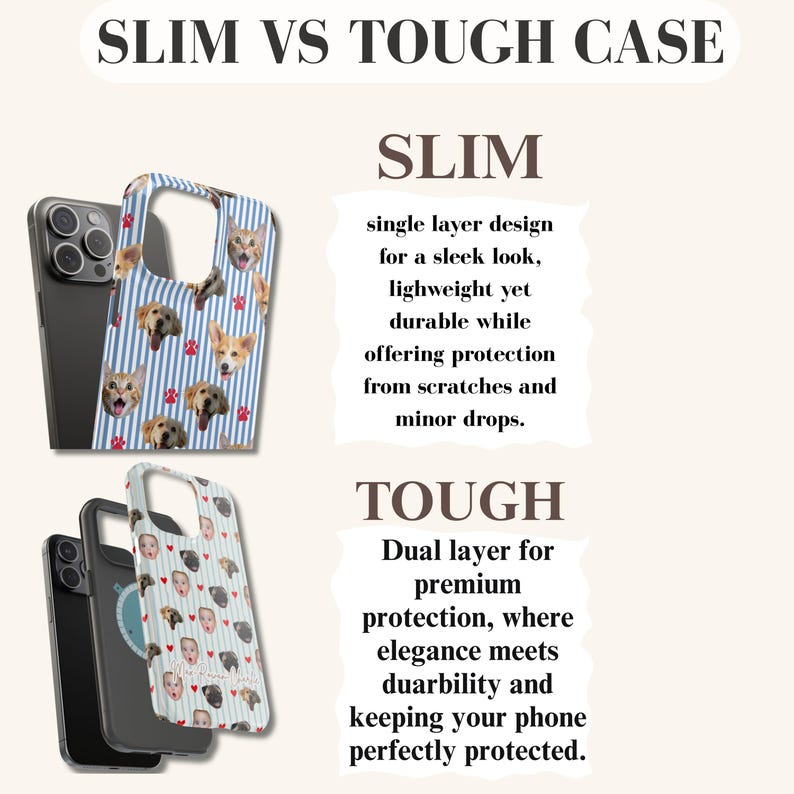 Puede incluir: Imagen que compara estilos de fundas para tel&eacute;fonos. Una funda presenta un patr&oacute;n de rayas azules y blancas con caras de perros y gatos. La otra funda tiene un patr&oacute;n de caras. El texto dice "SLIM VS TOUGH CASE" y describe las caracter&iacute;sticas de cada funda.