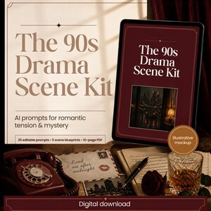 May include: A digital download kit titled The 90s Drama Scene Kit featuring AI prompts for romantic tension and mystery. The set includes a tablet displaying the title, a red rotary phone, a letter with the text Read me after midnight, a pen, and a glass.